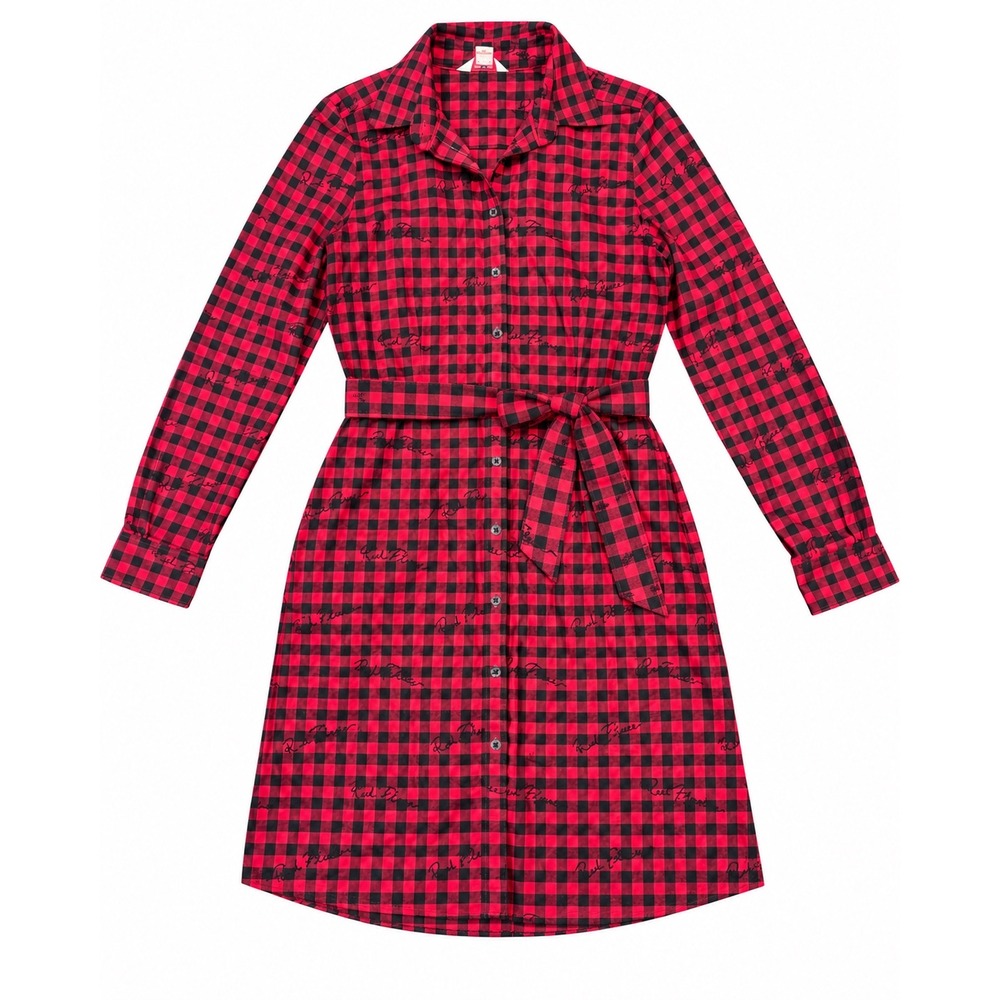 Brooks Brothers Red Fleece Shirt Dress Size 2 Red Black Plaid Belted Long Sleeve